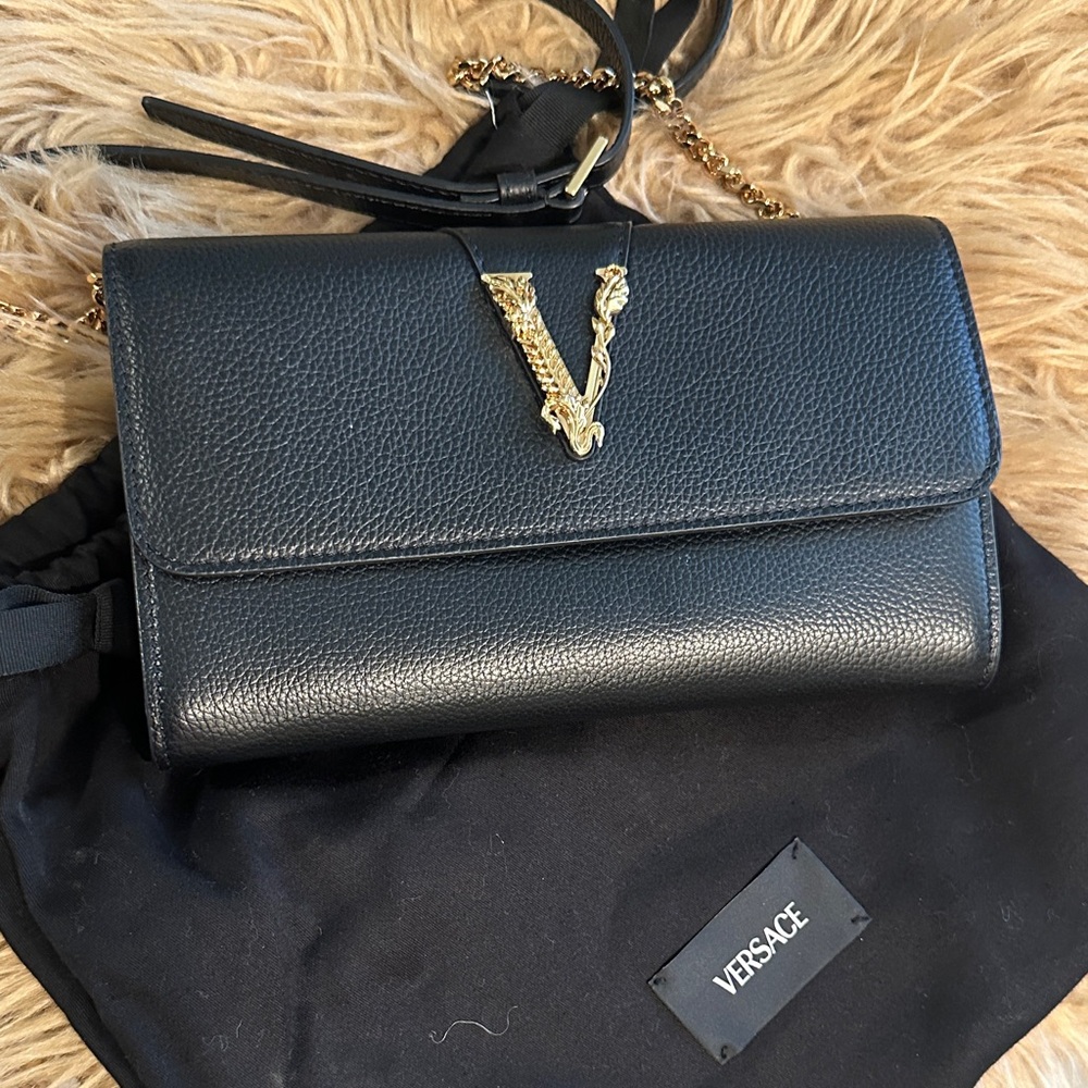 Versace Midnight Black Clutch with Gold V Emblem